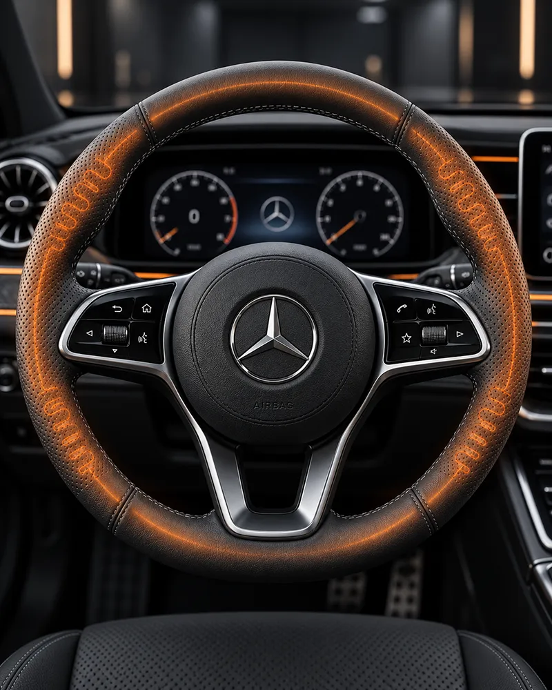 Руль Mercedes-Benz с оранжевой визуализацией подогрева обода в тёмном салоне автомобиля.
